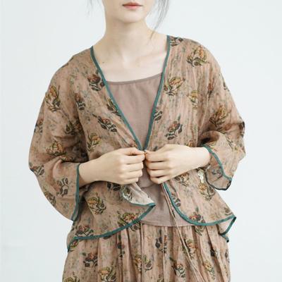 Women Vintage Shirts Tops V-Neck Nine Sleeve Blouses Summer Chinese Style Single Button Shirts