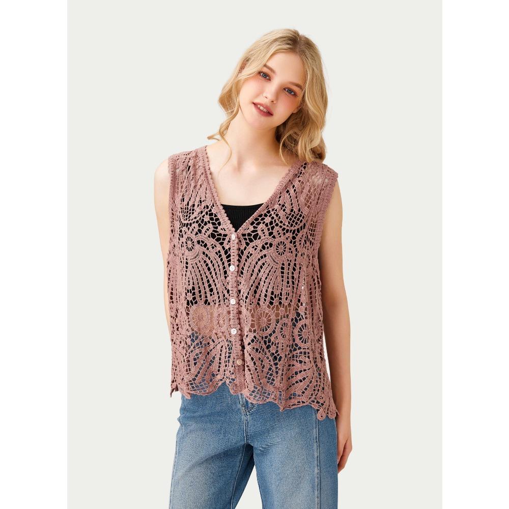 DIMANAF 2026 New T-Shirt Knitting Lace Vest Women Buttons O-Neck Hollow Summer Style Basic Tops Tees Loose Clothing