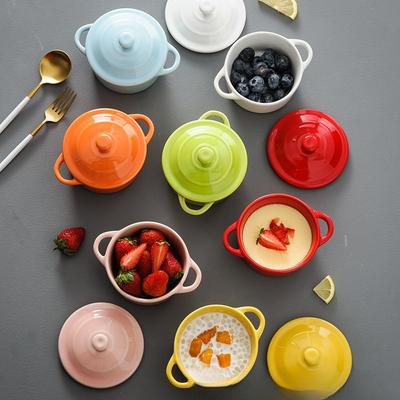 Bowl with Lid  Double Ear Bowl, Stew Pot, Dessert Bowl, Ceramic Bowl Steamed Egg Bowl Household Baby Bowl  Tableware Small Bowl