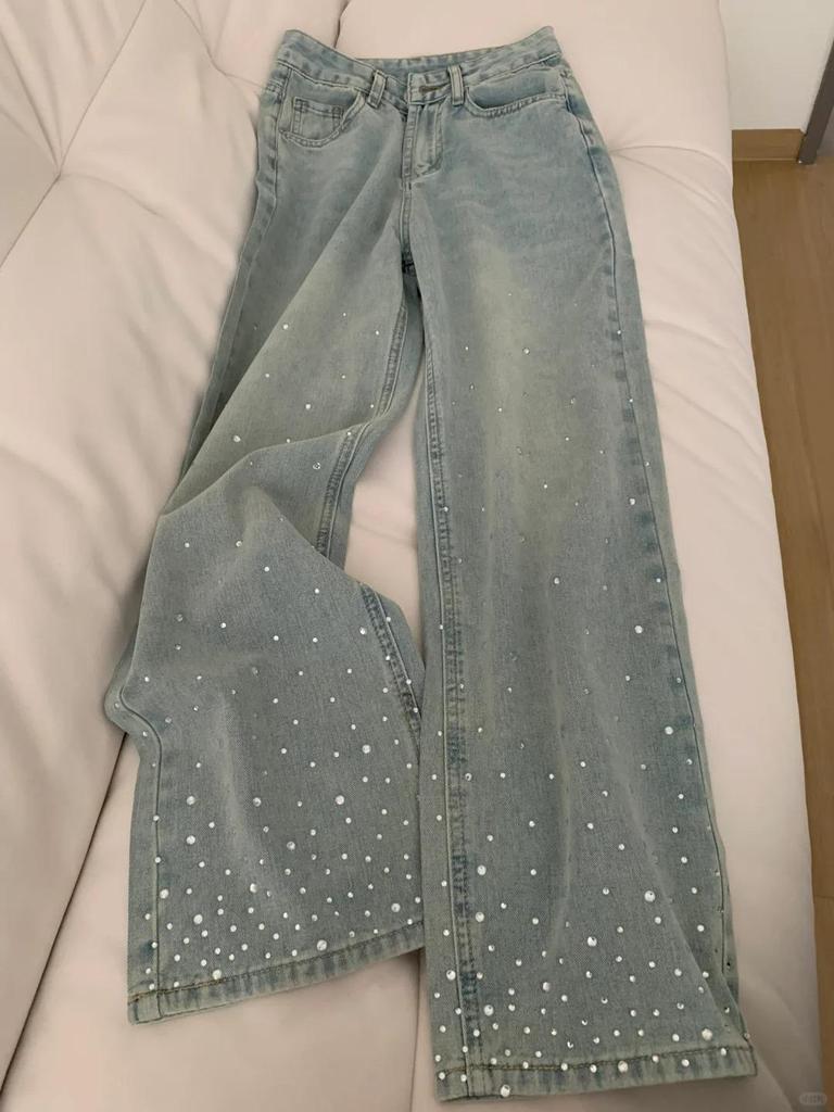 Autumn High Waist Light Straight Jeans for Women - Plus Size, Slim Loose Fit, Wide Leg with Hot Diamond Design