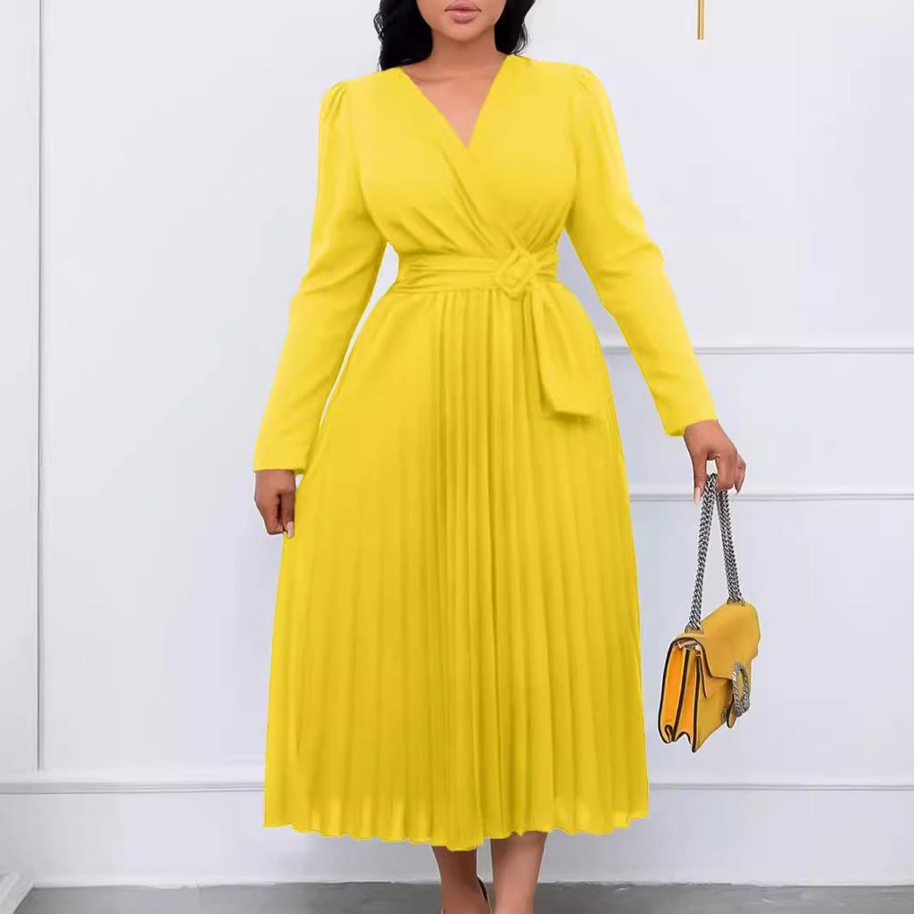 Kurzärmliges neues langärmliges Kleid mit Schnürung in Volltonfarbe und V-Ausschnitt, schmal zulaufendes Plissee in Übergröße für Damen