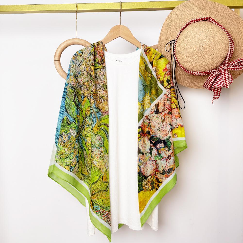 Silk Cotton Silk Scarf Shawl With Sunscreen 105Cm Scarf With Air-Conditioned Room Large Square Scarf Office