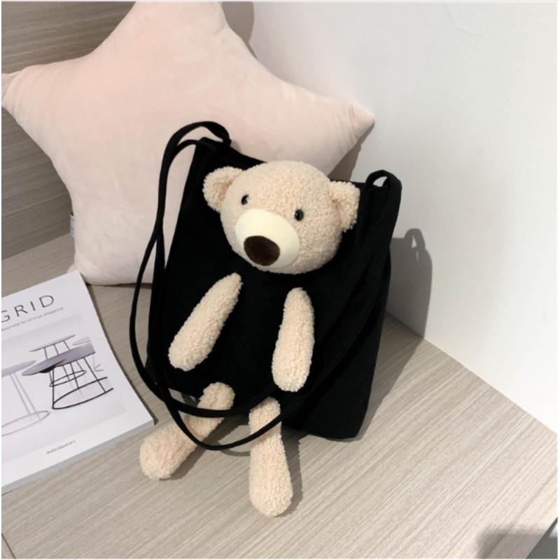Women's Handbag Fashion Bear Canvas Bag Simple Casual Hundred Bucket Bag Cartoon Shoulder Bag
