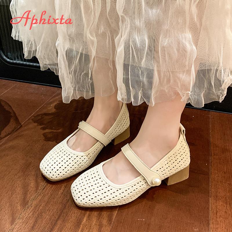 Fashion Aphixta 3.5cm Square Heels Women Mary Janes Shoes Hook Loop Pearls Weave Design Dress Shoes Breathable Med Heel Woman Shoes