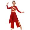 Kids Girls Church Dance Performance Set: Mock Neck Long Sleeve Metallic Patchwork Dress with Asymmetrical Hem & Matching Wide-Leg Pants