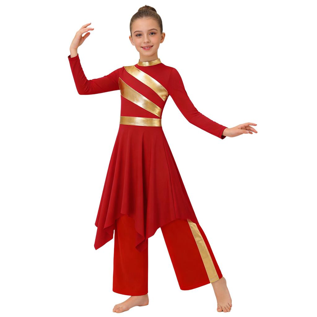Kids Girls Church Dance Performance Set: Mock Neck Long Sleeve Metallic Patchwork Dress with Asymmetrical Hem & Matching Wide-Leg Pants
