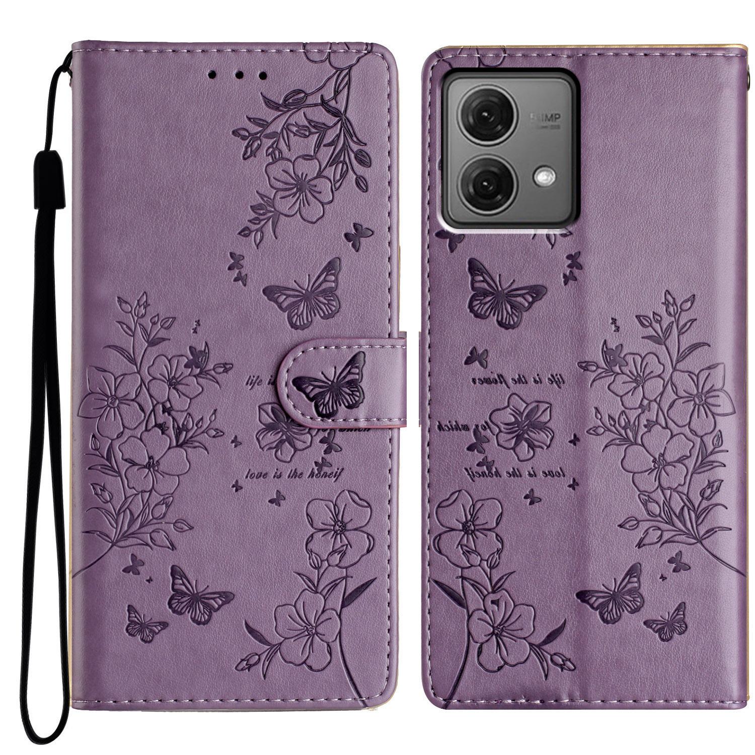 

For Motorola Moto G84 5G Stand Case Butterfly Floral Imprint Leather Phone Cover with Wallet Purple