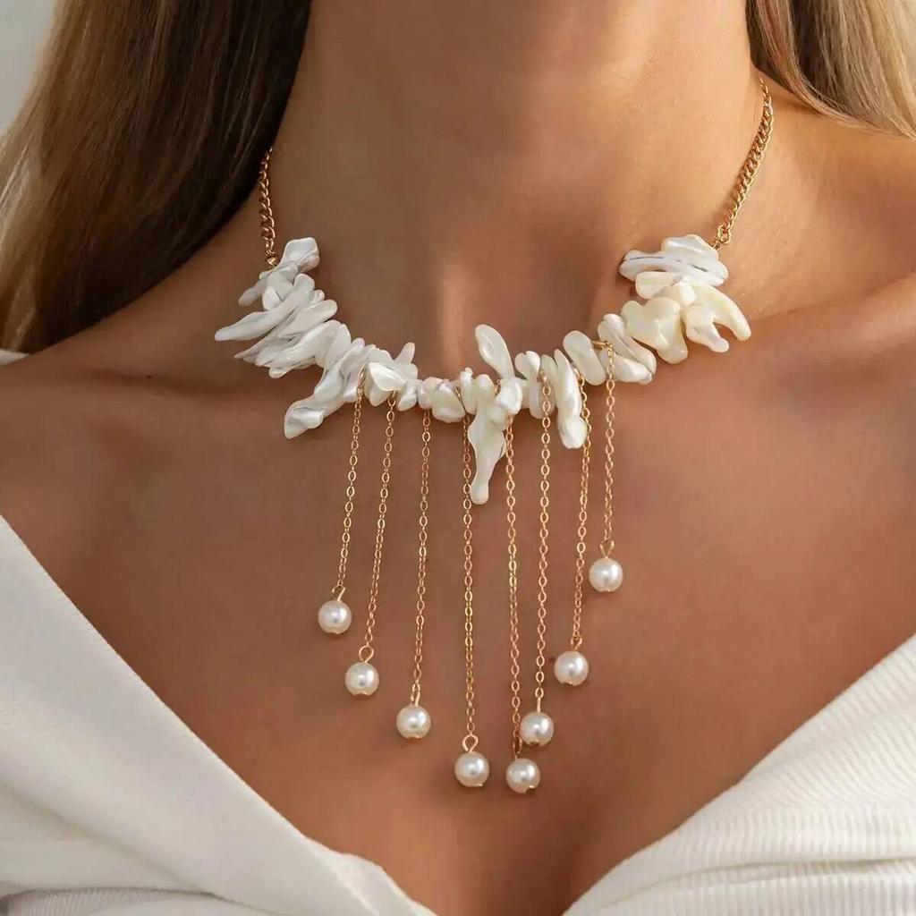 IngeSight.Z Temperament Irregular Scallop Imitation Pearl Tassel Pendant Necklace Women Boho Luxury Clavicle Chain Jewelry 2026