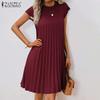 ZANZEA Damen Sommer Casual Rundhals Kurzarm Locker Plissiertes Kleid