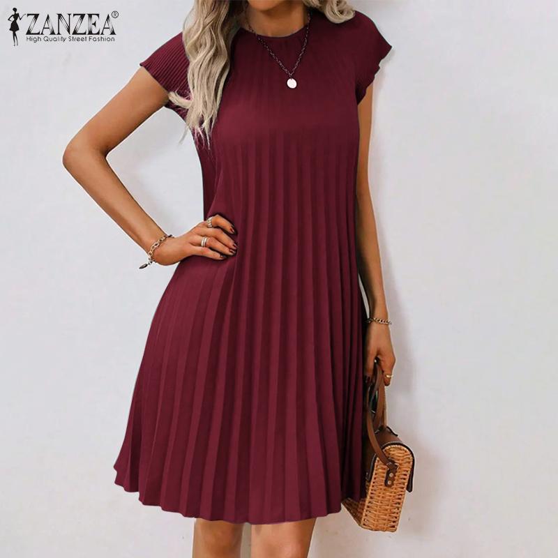 ZANZEA Dámské letní ležérní šaty s kulatým výstřihem, krátkým rukávem, volného střihu s plisováním