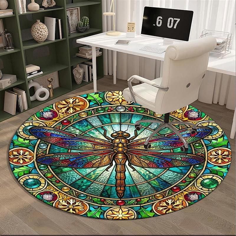 Stained Glass Dragonfly Art Round Carpet Chair Cushion Round Entryway Rug, Soft Round Rugs for Living Room, Bedroom, Circle Carpet Decor Gifts