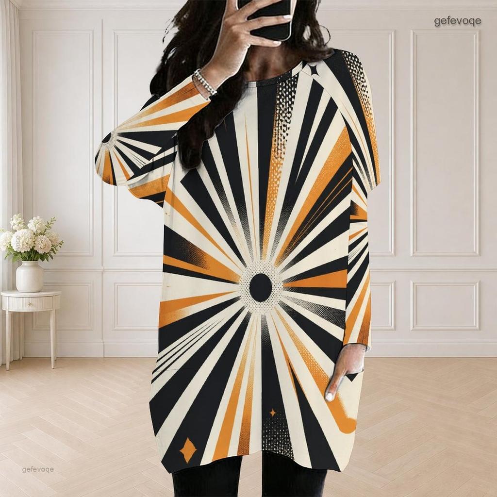 Women Plus Size Round Neck Long Sleeve Striped Printed Loose Longline Top With Pockets