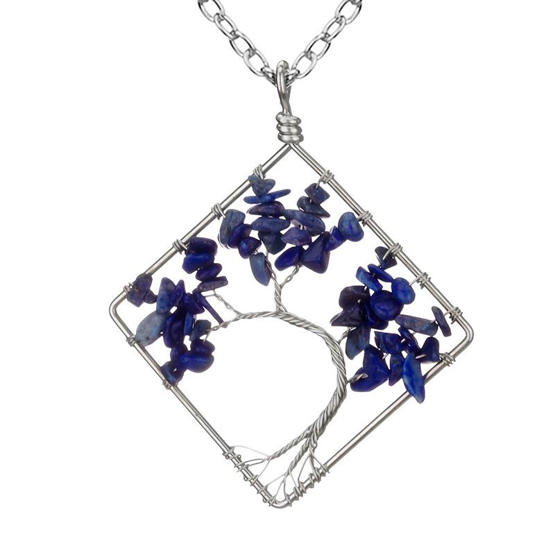 Wrapped Colorful Natural Stone Crystal Square Curved Tree Of Life Pendant Necklace N08 Fresh And Sweet