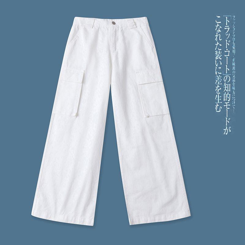 

Cotton Wide Leg Overalls Autumn New Foreign Trade Women clothes Half Elastic High Waist Zip-up Button Multi-pockets 32436 White B- 3-34-3 42#