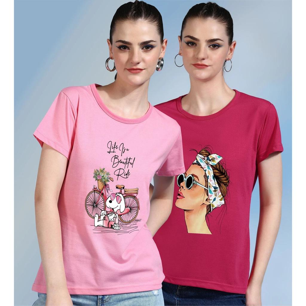 Women Graphic T-Shirt Cotton Blend Short Sleeves Round Neck Top Pack Of 2 Combo