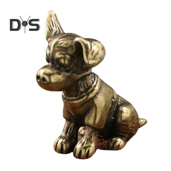 Brass Dog Figurine Vintage Puppy Model Mini Animal Metal Statue Sculpture Tea Pet Desktop Feng Shui Desktop Decoration Ornament