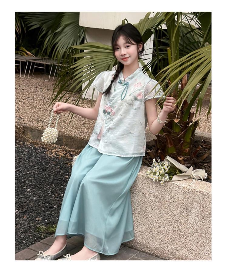 Mädchen Sommer 2026 Chinesischer Stil Hanfu Set: Oberteil mit Stehkragen & Hose mit weitem Bein