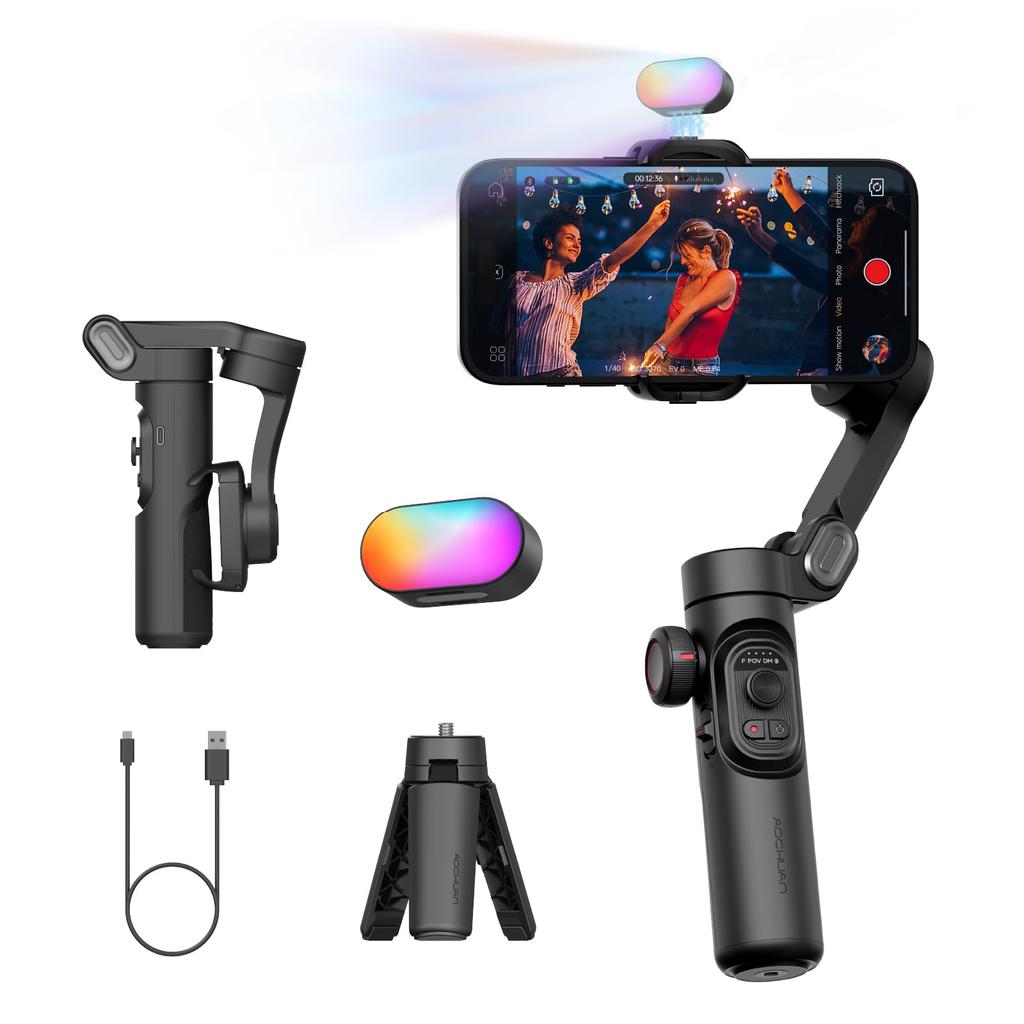 AOCHUAN Smart XE 3-Axis Gimbal Stabilizer Kit Foldable Phone with RGB Magnetic Fill Light Face Tracking Focus Wheel Zoom Slider for Vlog Recording