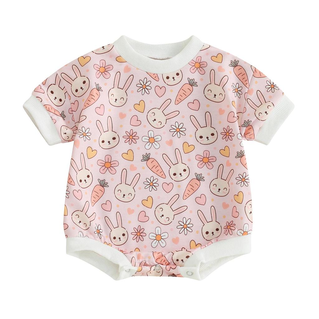 Baby flickor Pojkar Rödbyxor 3M 6M 9M 12M 18M Blomma Kanintryck Rundhals Kortärmad Body Casual påskkläder