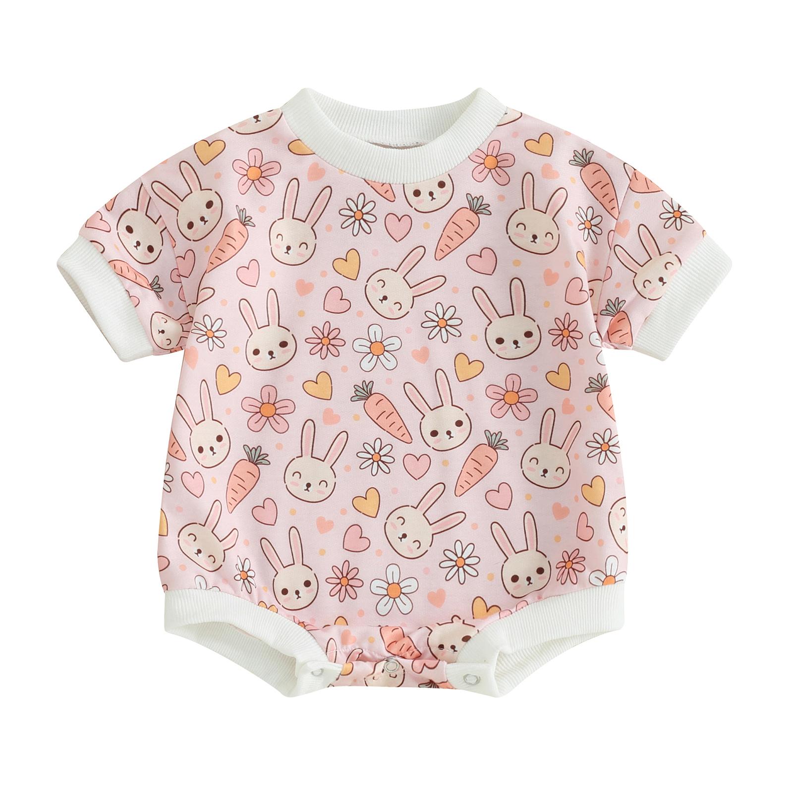 

Комбинезоны для маленьких девочек и мальчиков, 3 мес, 6, 9 мес, 12 мес, 18 мес, боди с круглым вырезом и короткими рукавами, повседневная пасхальная одежда с цветочным принтом кролика 0-3 Months розовый