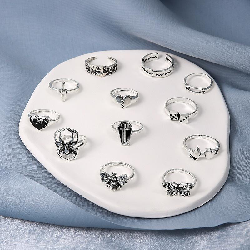 Retro Love Dripping Oil Cross Butterfly Opening Mushroom Spider Ring 12-piece Set for Women