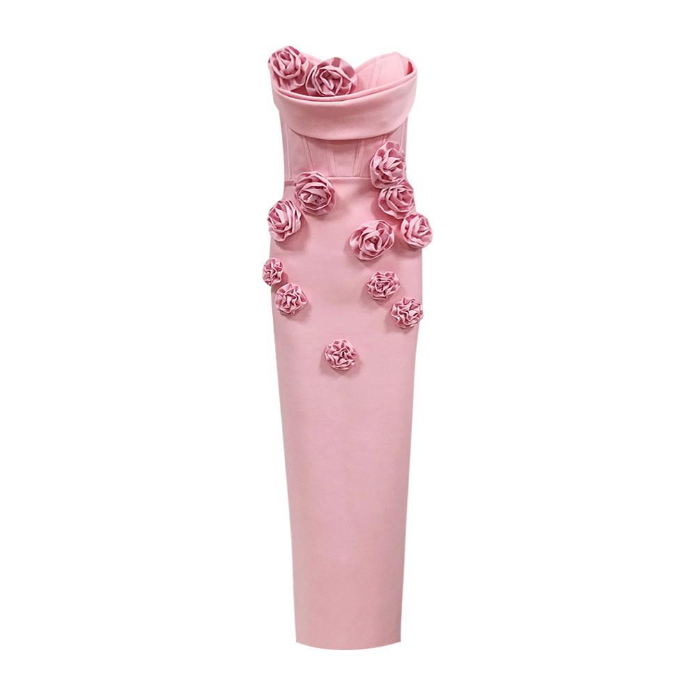 Elegante Vestido Bodycon Bandeau con Flor 3D: Vestido de Boda y Fiesta Verano 2024