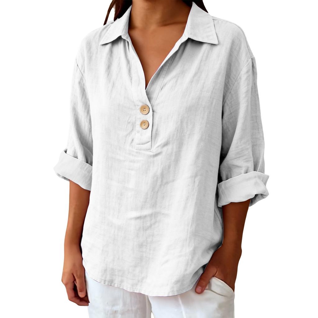 Women's Shirt Seven-Sleeve Lapel Cotton Linen Top Solided Color Casual Breathable Lapel Shirt