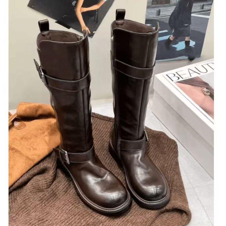 [Cowhide Edition] Dune Aesthetics~ Fleece Retro Double Button Medium and High Western Boots Women's Knight Boots Winter