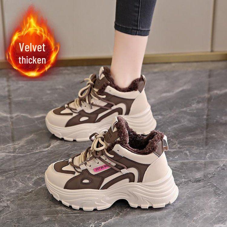 Women's Fleece-Lined Waterproof Leather Running Shoes - Lightweight, Non-Slip, Soft Thick Sole, Height-Boosting Winter Style