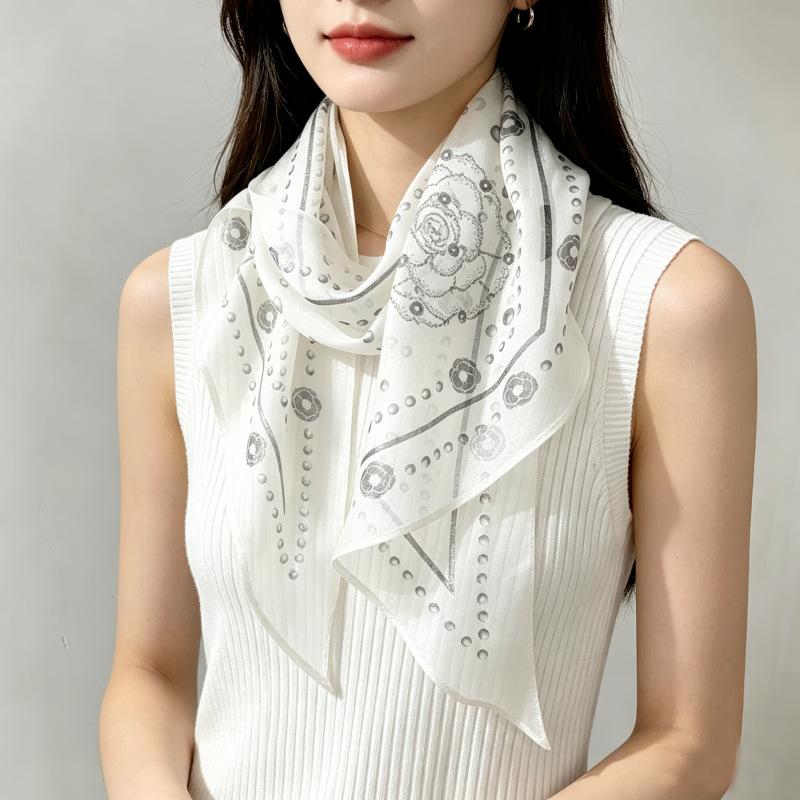 Pure silk georgette small fragrant polka dot camellia mulberry silk diagonal long silk scarf sunscreen shawl temperament scarf