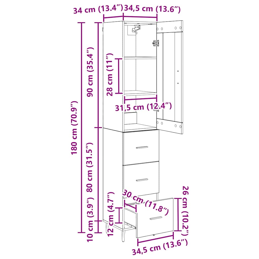 Highboard Reclaimed Wood 34.5 x 34 x 180 cm Engineered Wood