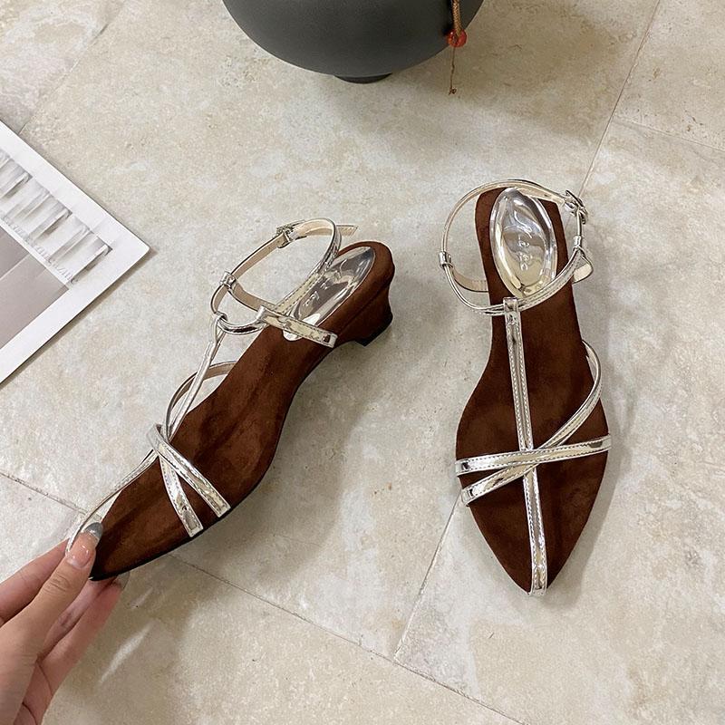 Fashion Fashion Shallow Women Low Heel Sandals Shoes Female Summer Spring Pointed Toe Footwear T-Strap Ladies Heeled Sandals Shoes