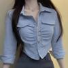 Women's High-End Long-Sleeve Shirt - Unique Waist-Cinching, Navel-Baring Chic Top for Autumn/Spring