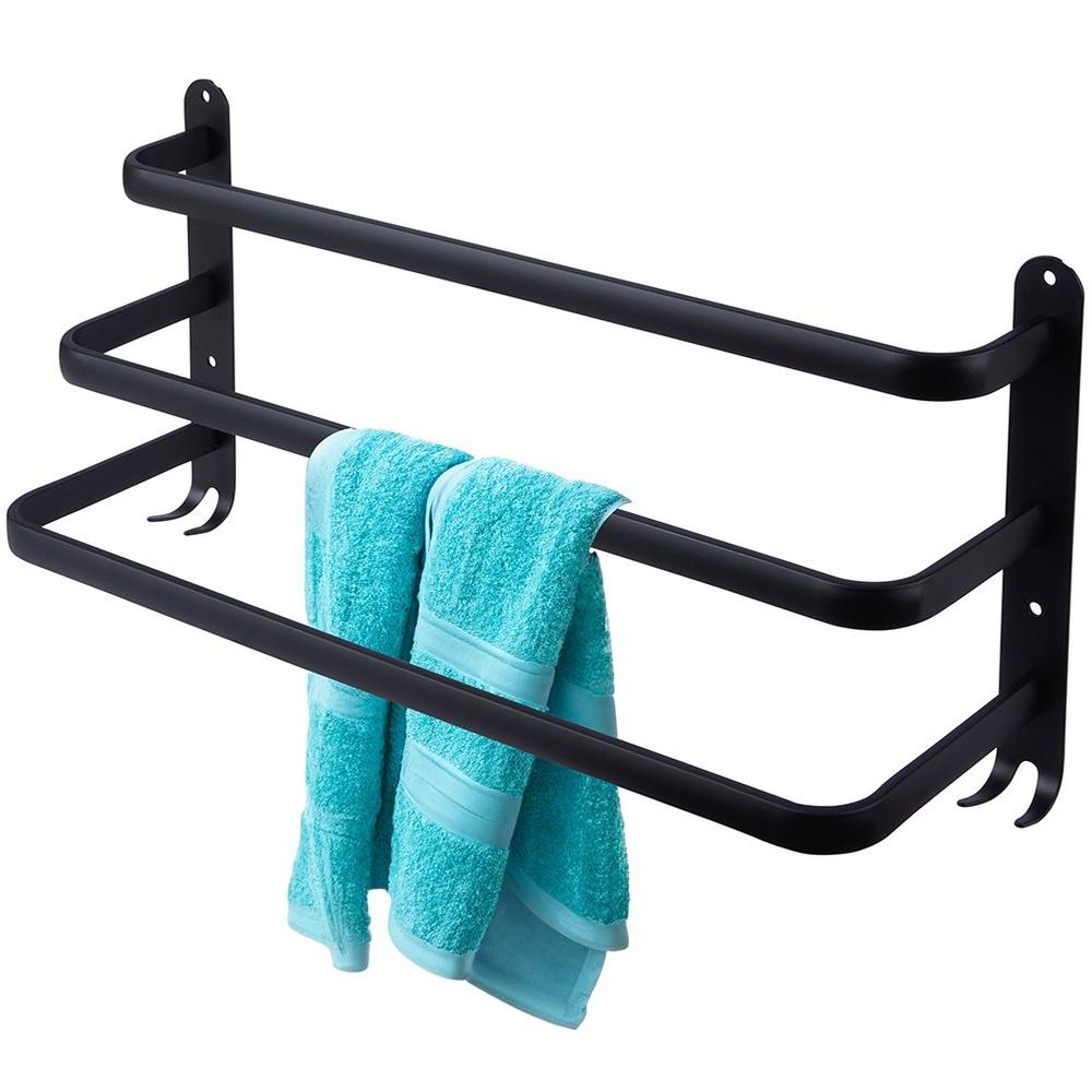Bathroom Wall Towel Rack, Metal, Black + Hooks, 50 cm