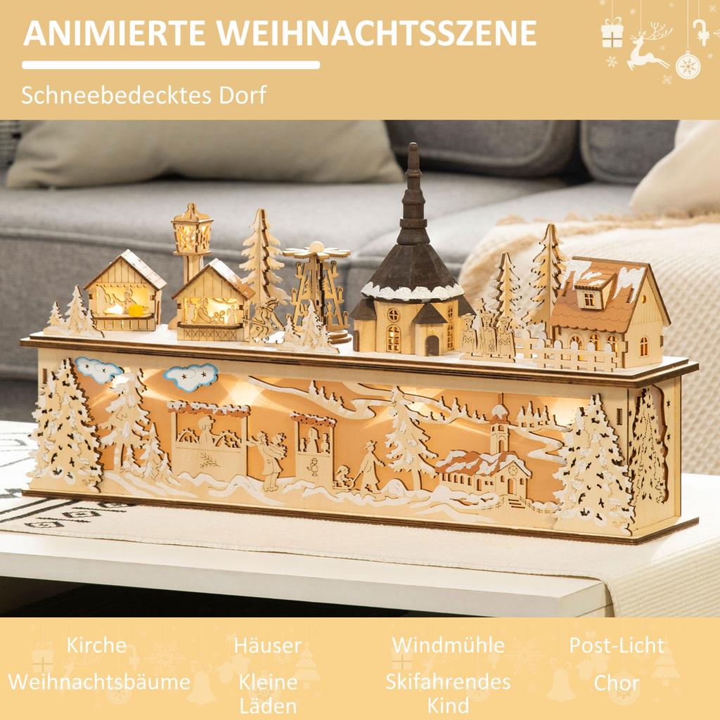Christmas decoration, Christmas village, 10 LEDs, warm white light, 45 x 10 x 25 cm, wood decor