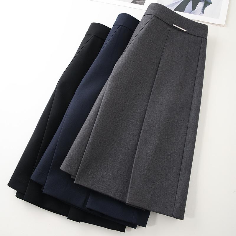 Women's Spring 2025 High-End Black Pleated Irregular Midi Skirt
