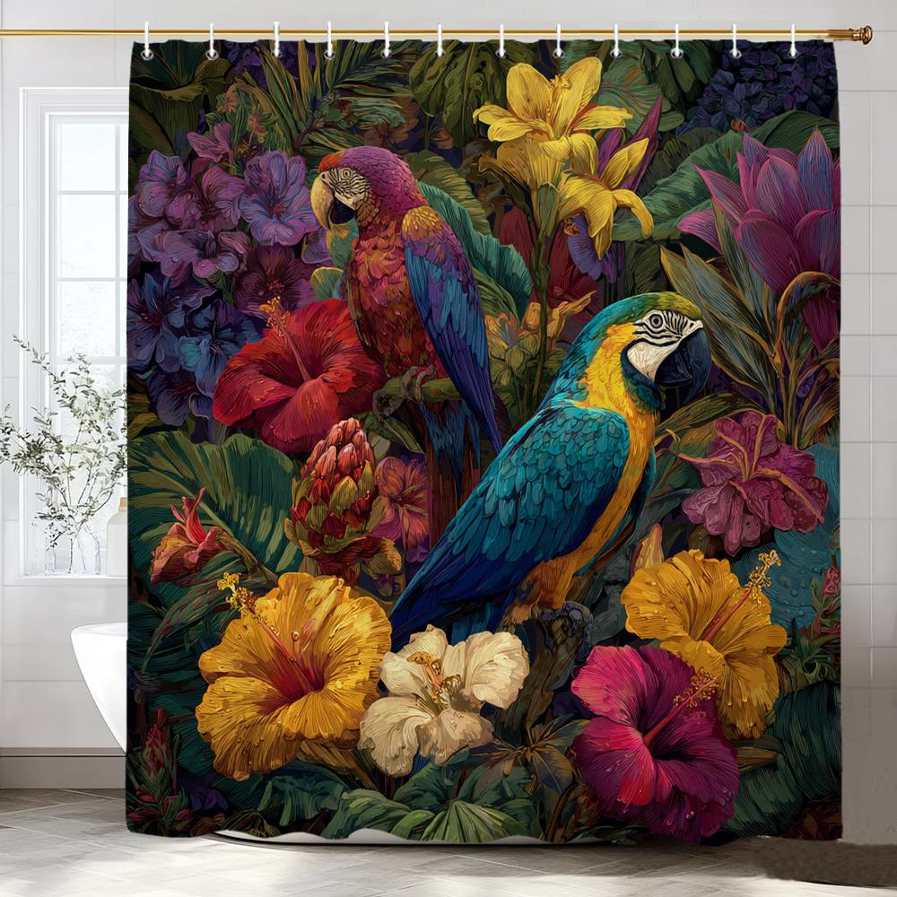 Tropical Plants, Flowers and Birds Shower Curtain for Bathroom Plant and Floral Decorative Shower Curtains with Hooks