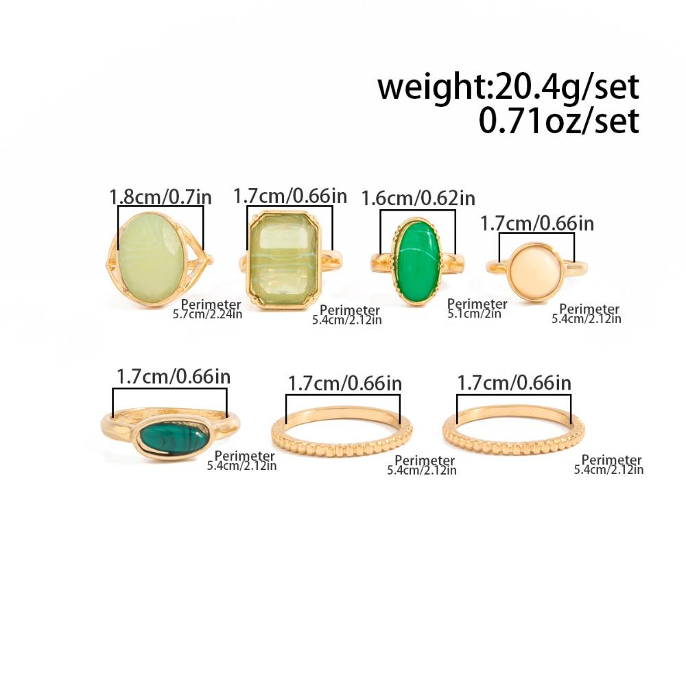 7pcs Set Luxury Retro Emerald Blending Resin Ring Set for Women Fashion Geometric Gold Color Simple Stackable Rings Jewelry Sets