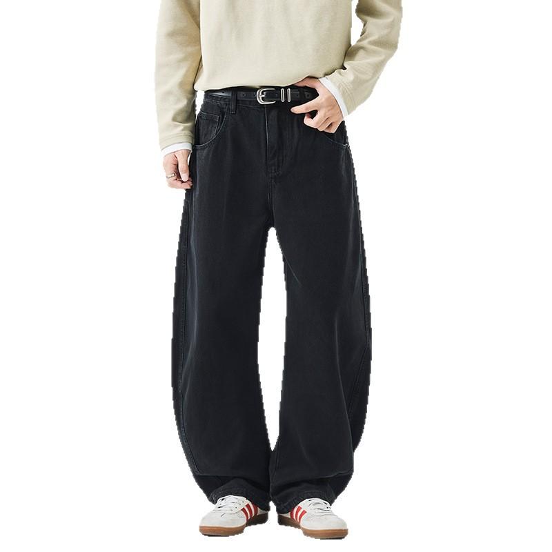 Pantaloni Scimitar Neri Uomo Trama Street Versatili Larghi Jeans a Gamba Larga