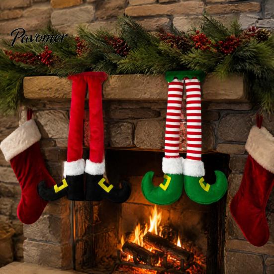 Fun Holiday Party Atmosphere Supplies Christmas Elf Leg Hanging Ornaments, Red Green Striped Fabric Decorations Wall Decor for Tree Fireplace And Car