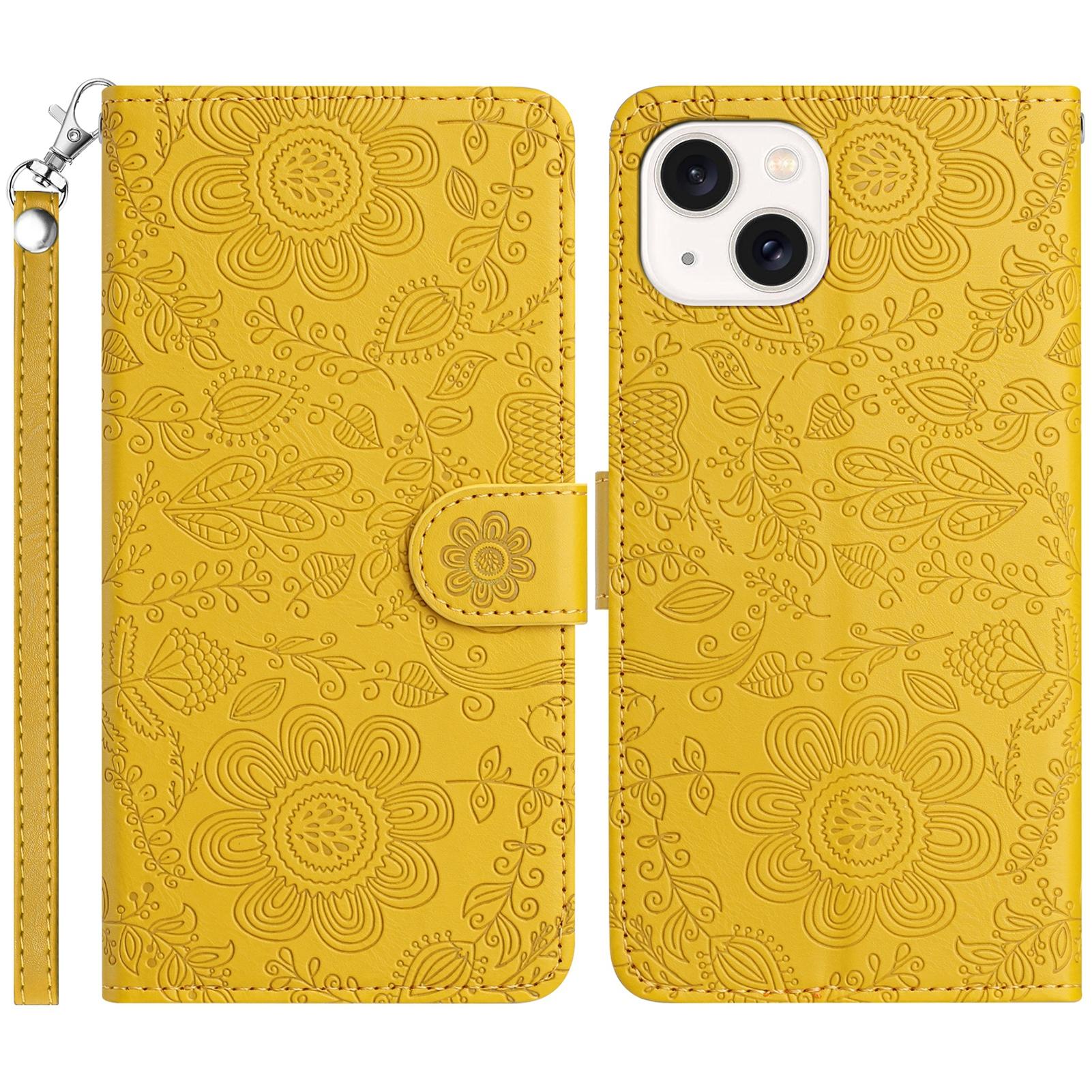 

For iPhone 15 Case Flower Imprint Leather Flip Wallet Phone Cover with Wrist Strap Yellow