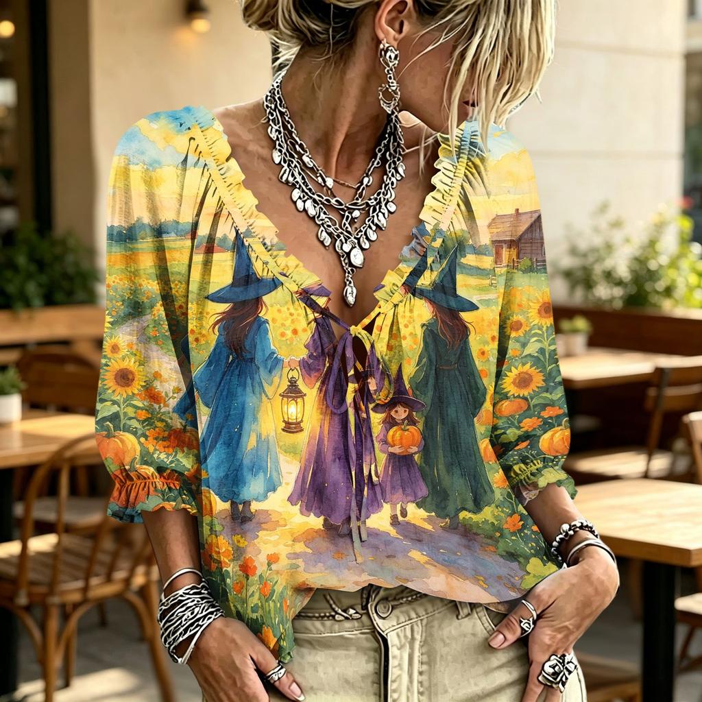 Women's Halloween Printed Tie Front Ruffle V-Neck Blouse Top for Costume Party