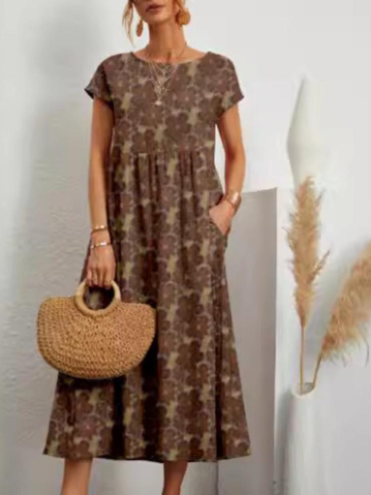 Damenkleid Rundhalsausschnitt Bedruckt Kurzärmelig A-Linie Maxi-Rock Einzigartige Blumenmuster Lange Kleider