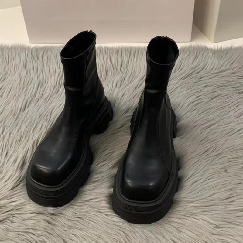 

Модные ботильоны на среднем каблуке челси зимние новая мода платформа женские туфли на молнии готические повседневные мотоботы женские толстая обувь 38