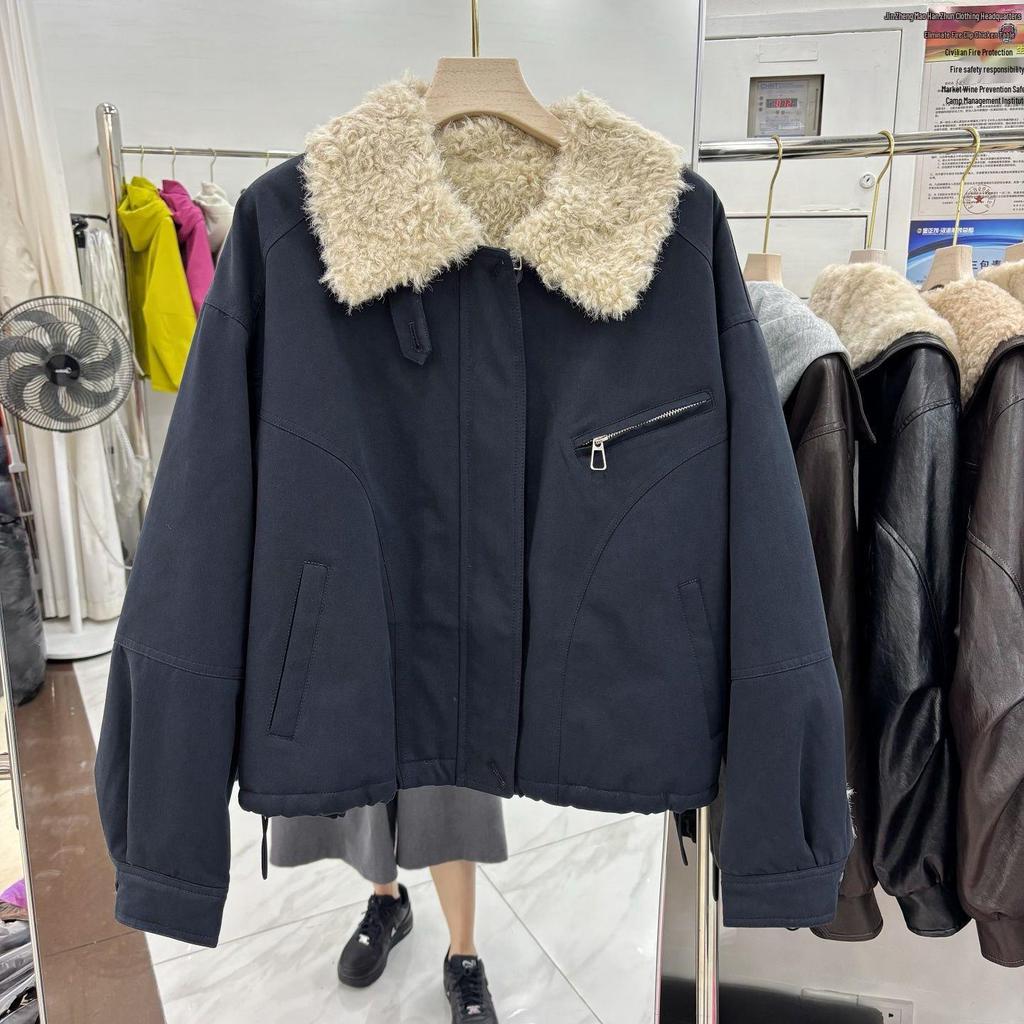 Women's Retro Lambswool Patchwork Lapel Jacket - 2025 Autumn/Winter Slimming Cotton Coat