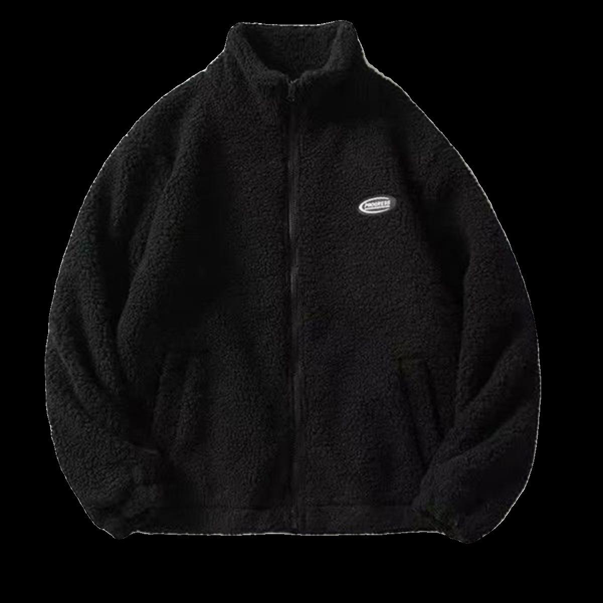 Herren Winter Lammwollmantel - Samt, Dick, Warm, Koreanischer Stil, Trendy, Lockerer Stehkragen, Unisex. Double Extra Large schwarz