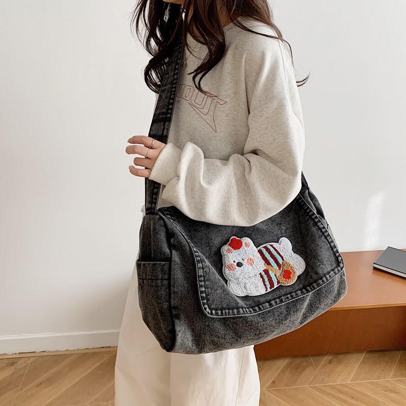 Vintage Shoulder Bag Lightweight Commuter Bag Cartoon Denim Women's Bag