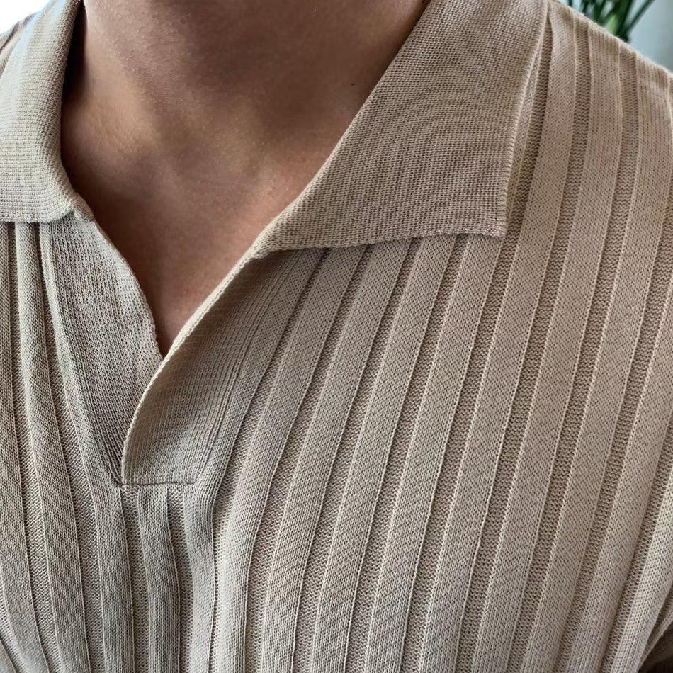 Striped Summer Knit Elastic Polo - Loose Fit Short Sleeve Shirt