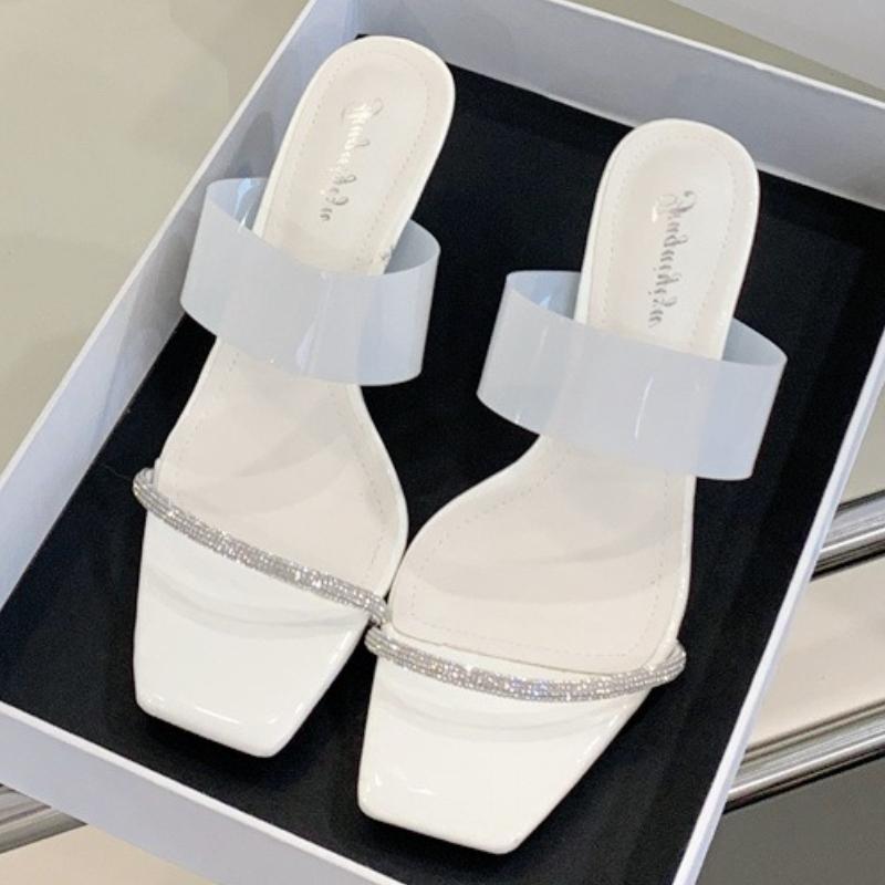 

Fashion Sweet Crystal Narrow Band Square Toe Design Brand Slipper Women Sexy Open Toe Transparent PVC Slide Sandals Sandali Donna Estivi 35 белый