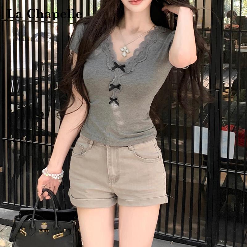 Lachapelle Women s V-Neck Lace Bowknot Slim Fit Short Sleeve T-Shirt US 9
